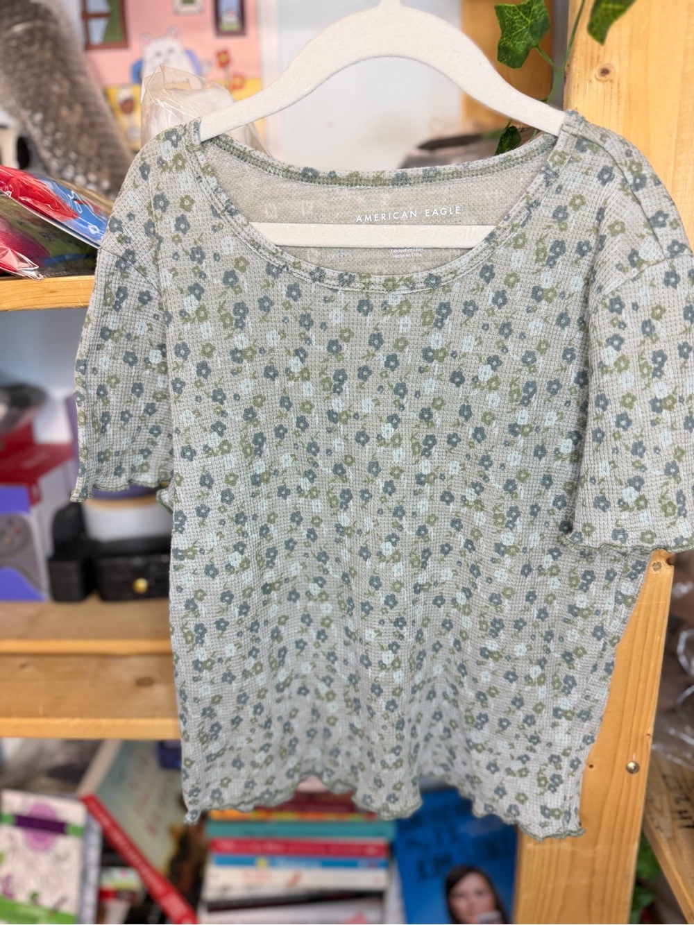 American Eagle Outfitters Sage Green Floral Waffle Baby Tee